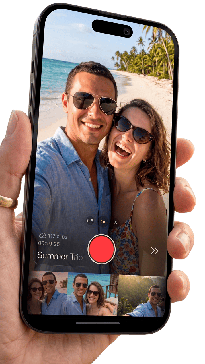 iPhone travel video camera app preview showing a shared trip story