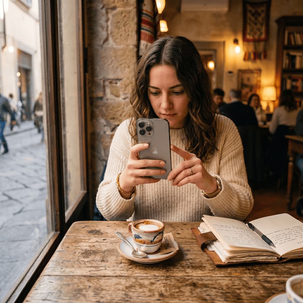 Woman filming a coffee cup with her iPhone in a cozy European cafe