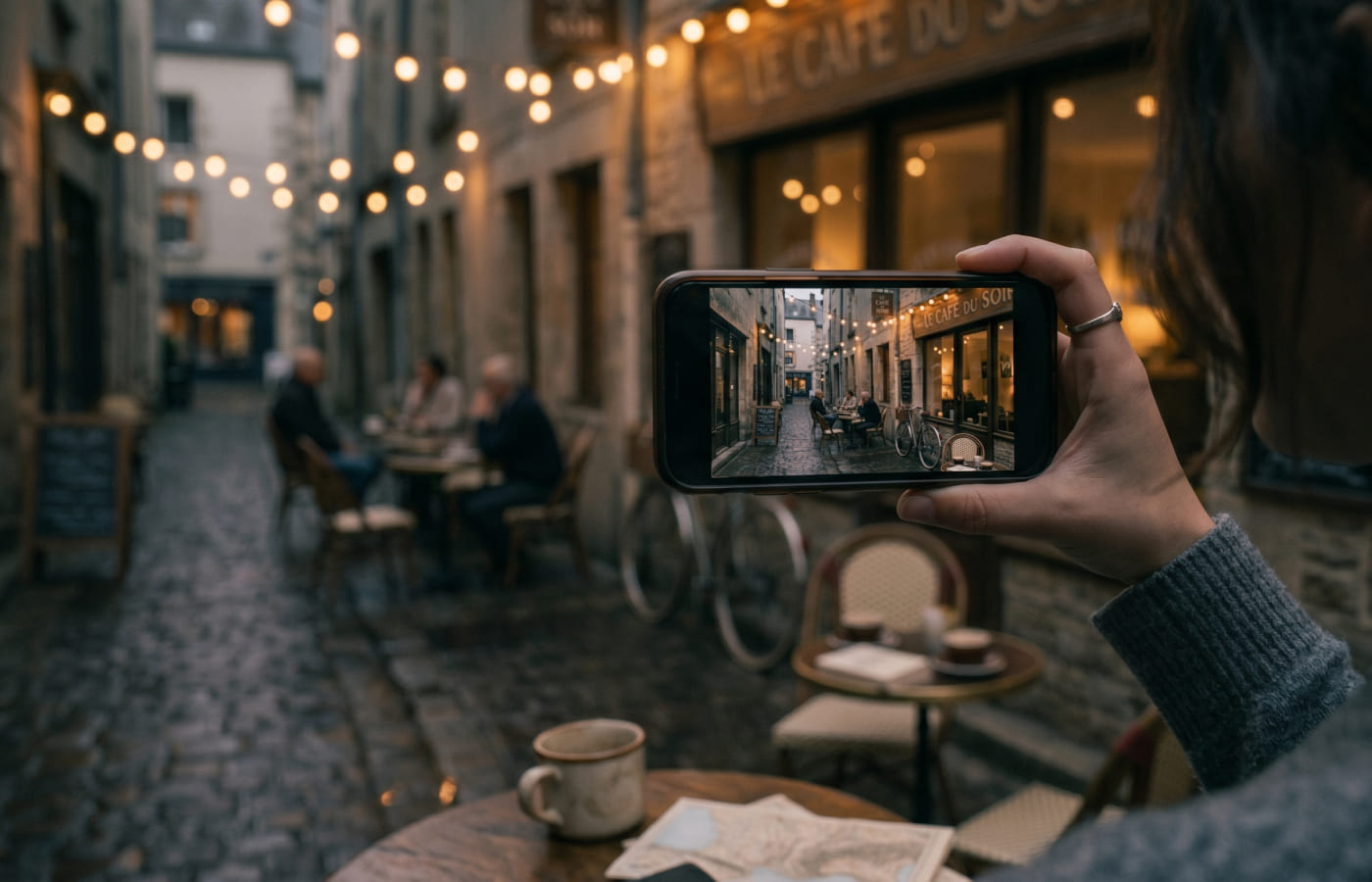Traveler filming a quiet cafe moment with an iPhone travel camera