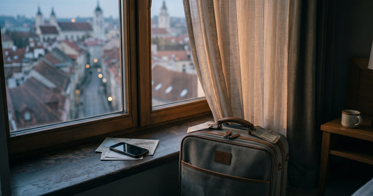 Cinematic hotel-window travel scene with an iPhone and suitcase for a no-edit travel video workflow