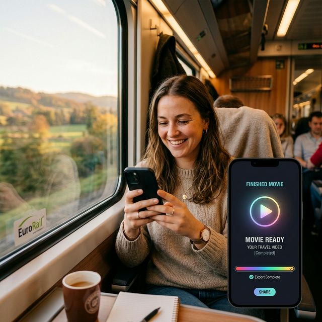 Woman smiling on a train while holding her phone with a finished movie ready