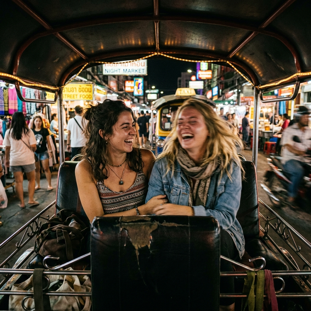 Two friends laughing naturally in the back of a taxi at an outdoor night market