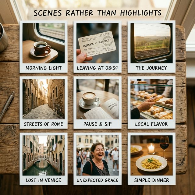 A grid grouping small artistic moments like an espresso, train ticket, and vintage street