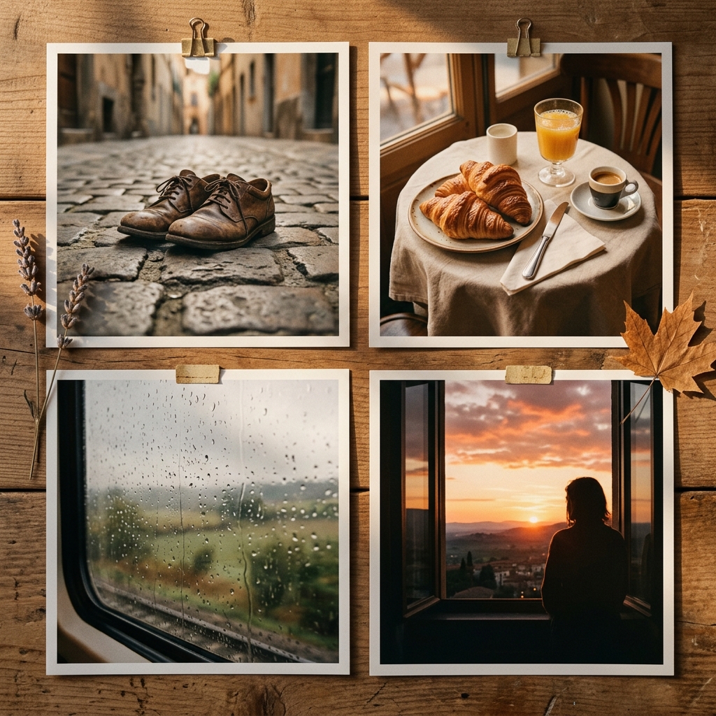 A moodboard of small sensory travel details: cobblestone streets, croissants, raindrops on a train window, and a sunset silhouette