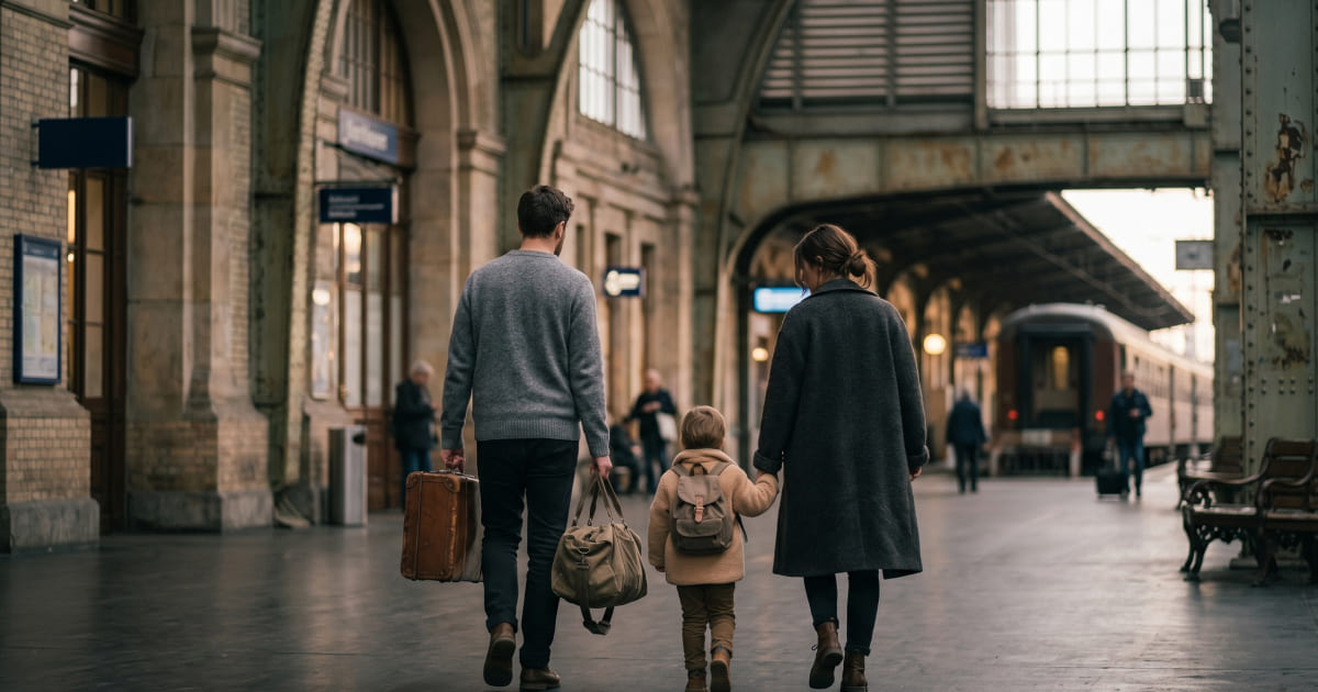 Family walking through a travel scene together for a shared private travel video story