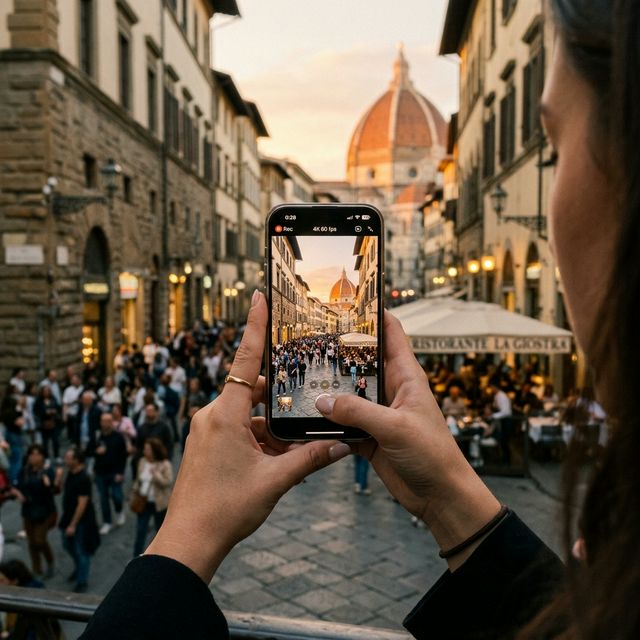 Person filming a travel video on their iPhone in a beautiful Italian city