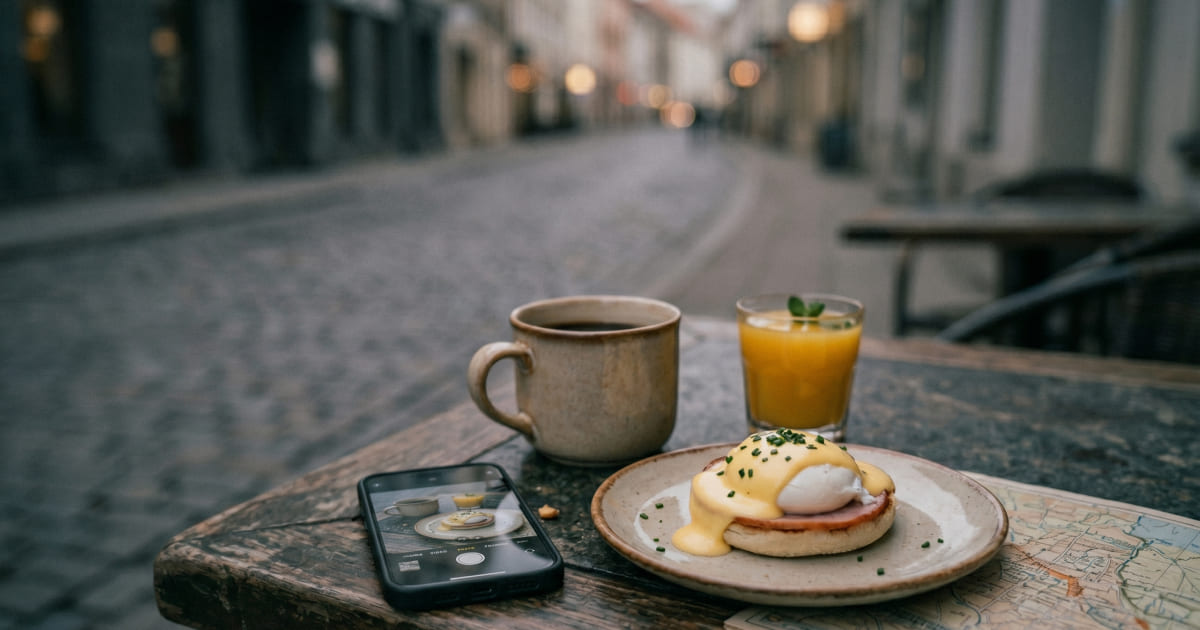 Quiet vacation breakfast table near a window showing small travel details worth filming
